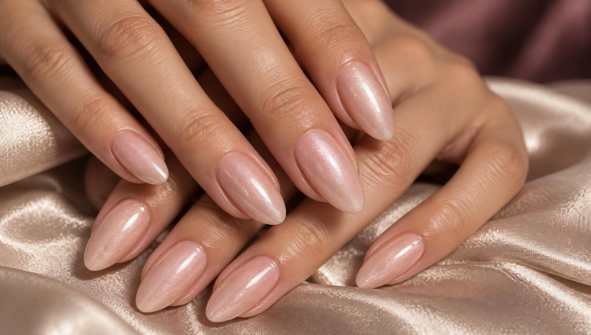 Close-up of hands with soft blush press-on nails resting on champagne silk